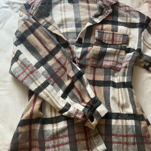 Neutral Plaid Button-Up Shacket with Red Accent